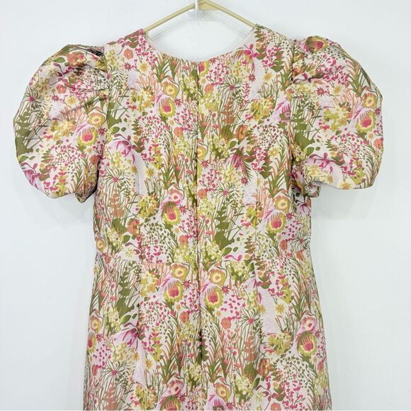 Clover and Sloane Pink Green Floral Print Jacquard Puff Sleeve Sheath Mini Dress - Picture 10 of 16